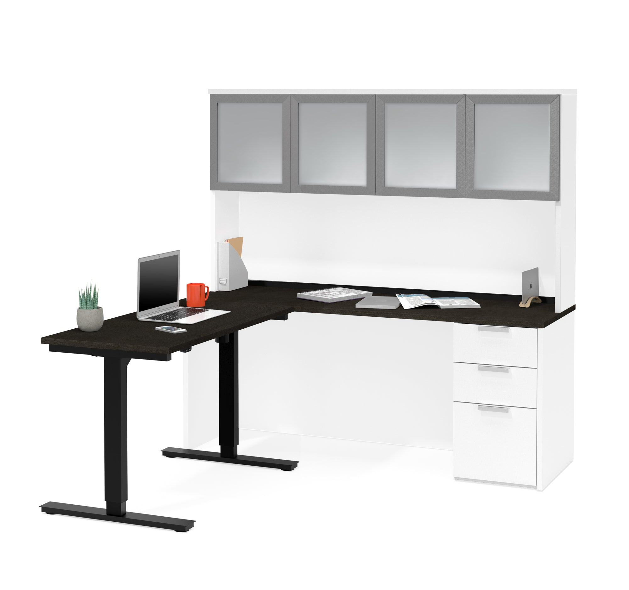 Modern L Shaped Desk Hutch With Glass Doors With Height Adjustable Officedesk Com