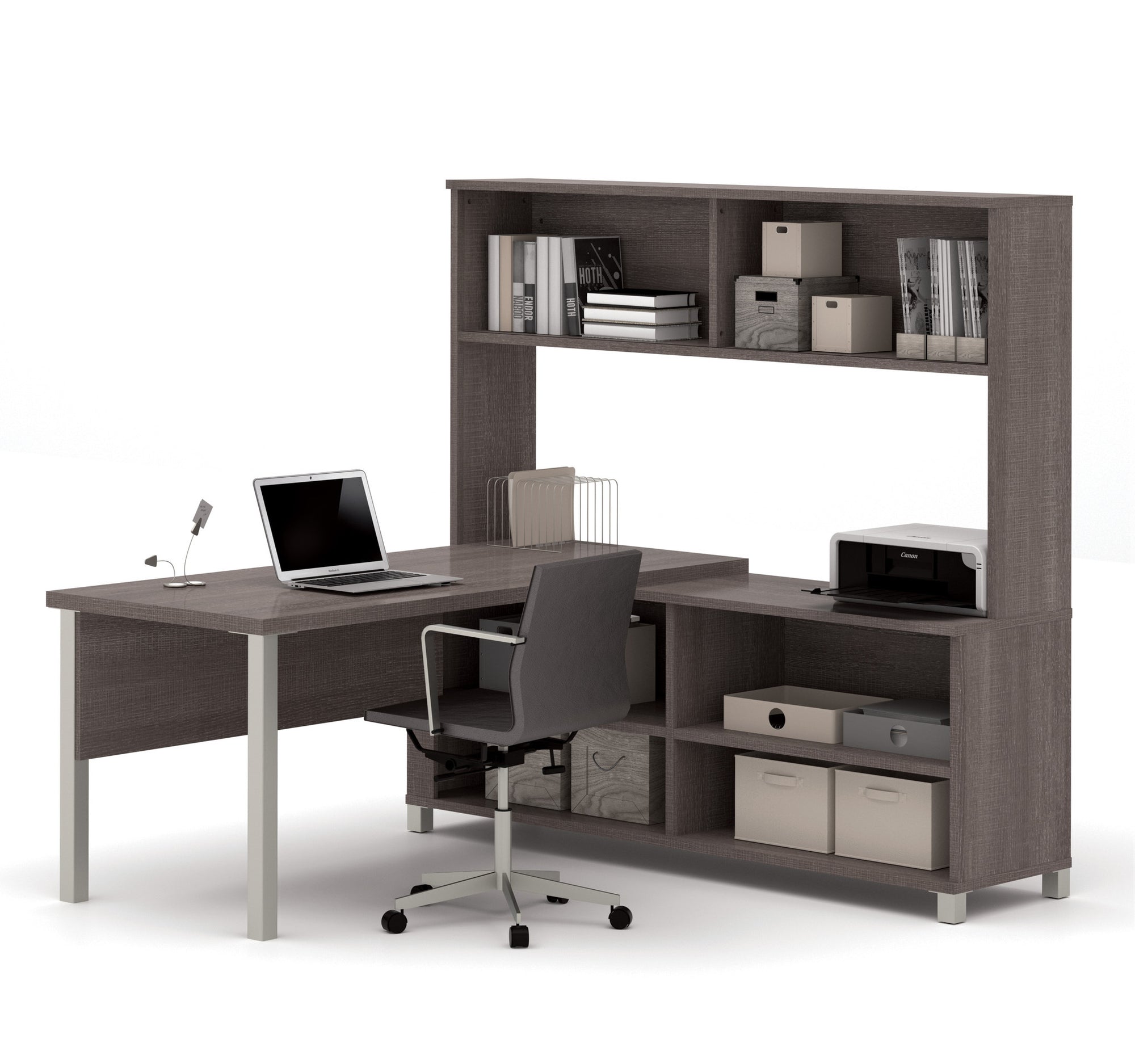 71 X 71 Bark Gray L Shaped Desk With Shelving By Bestar