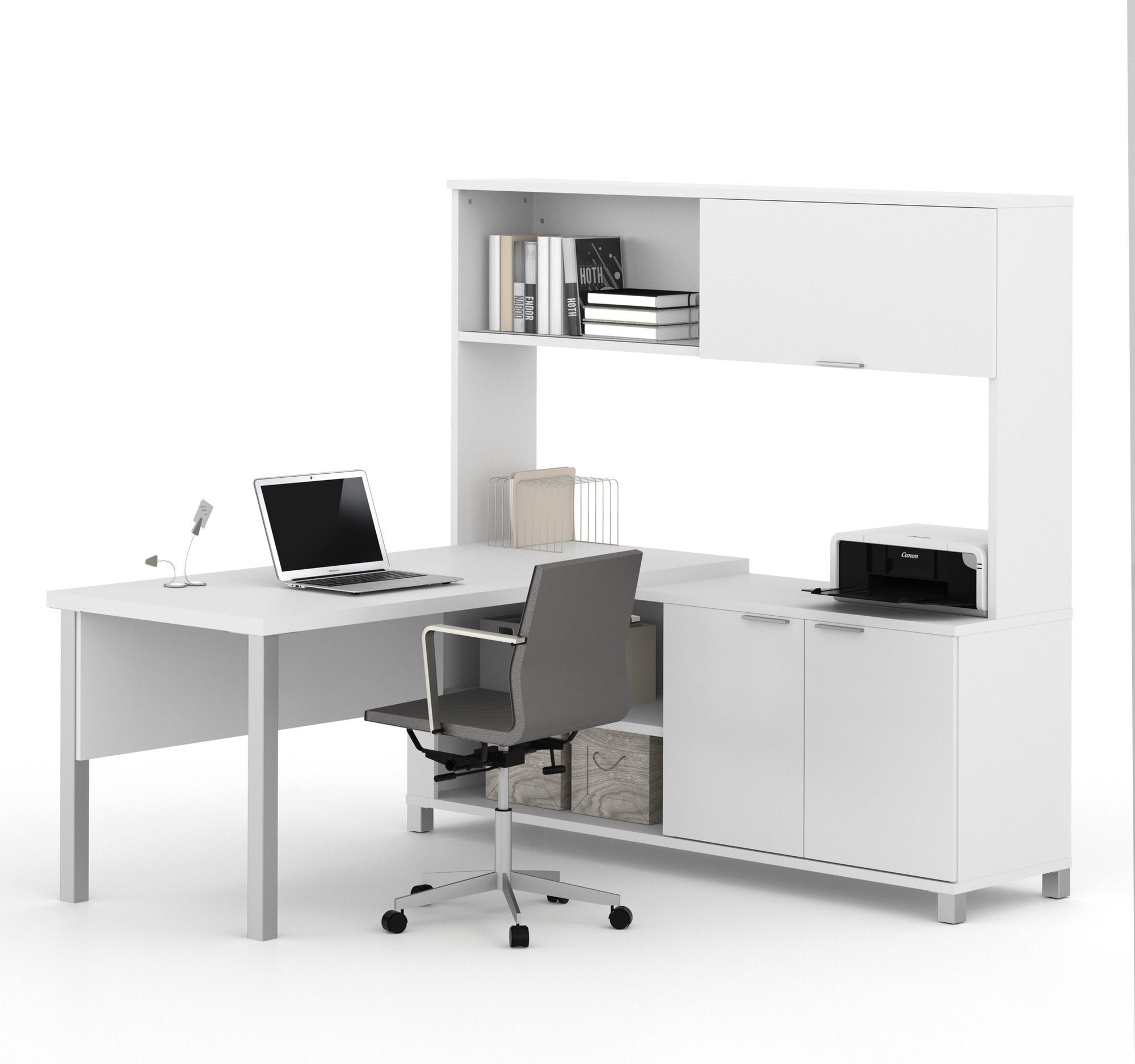 71 X 71 White Modern L Shaped Desk With Hutch By Bestar