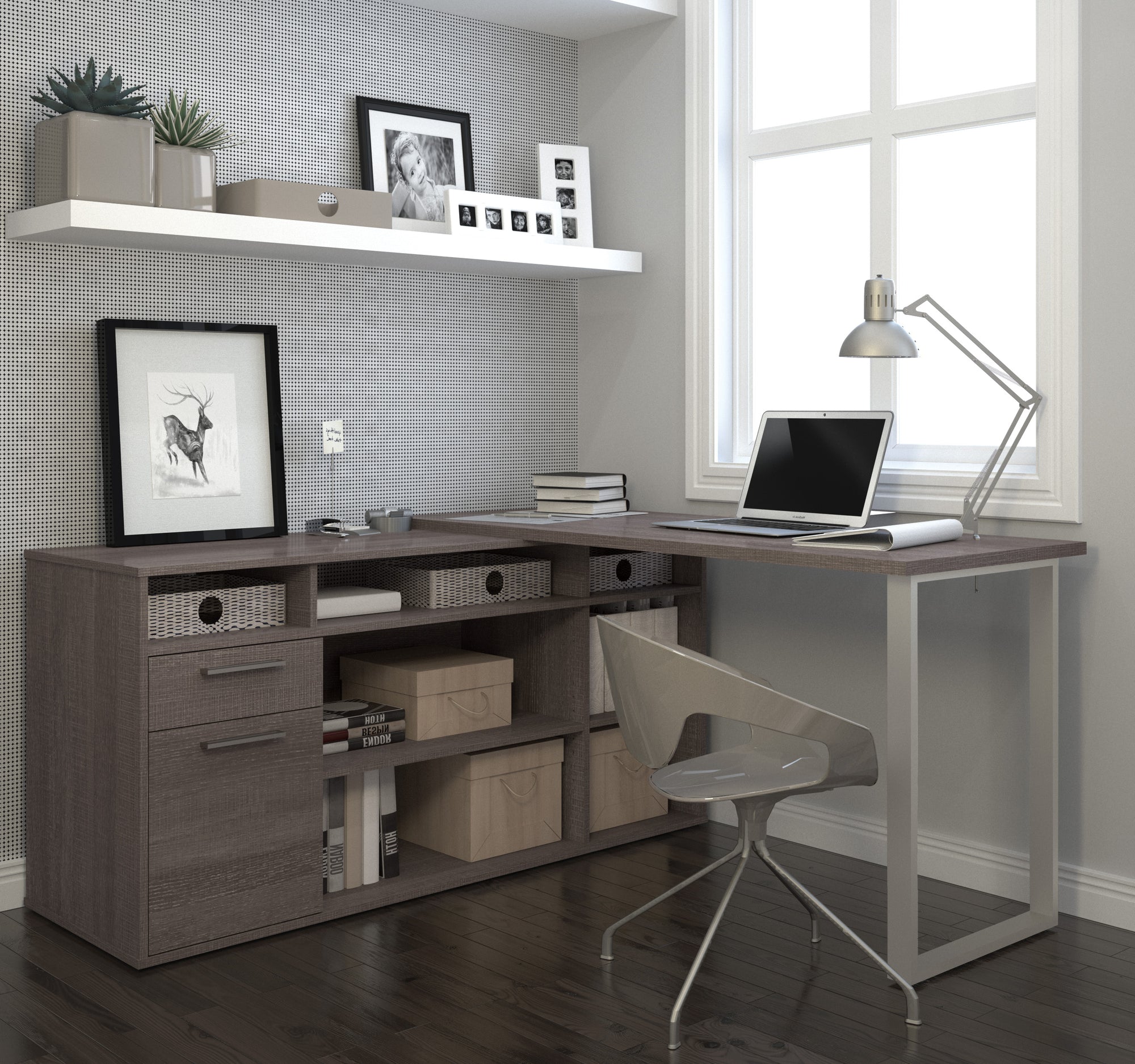 Modern L-shaped Desk with Integrated Storage in Bark Gray - OfficeDesk.com