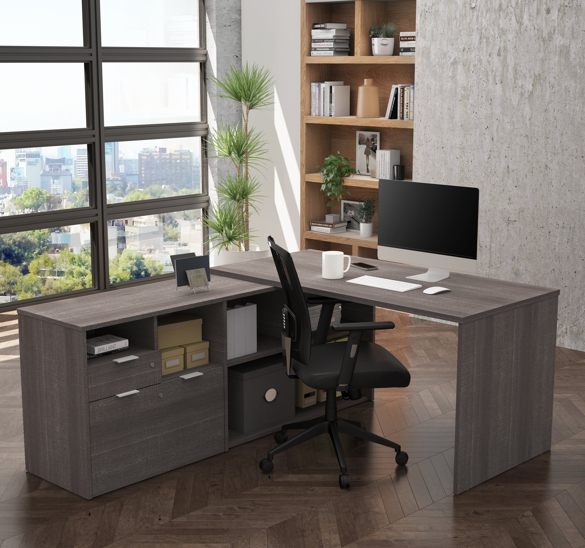 Stunning LShaped Bark Grey Office Desk with Credenza