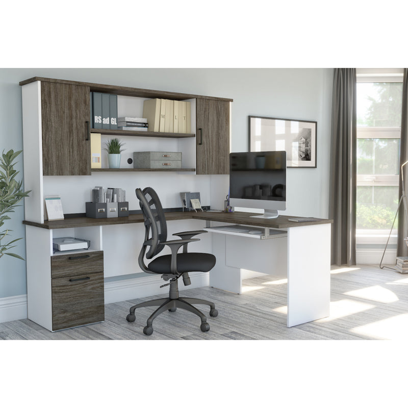 White & Walnut Gray Modern L-shaped Desk with Hutch - OfficeDesk.com