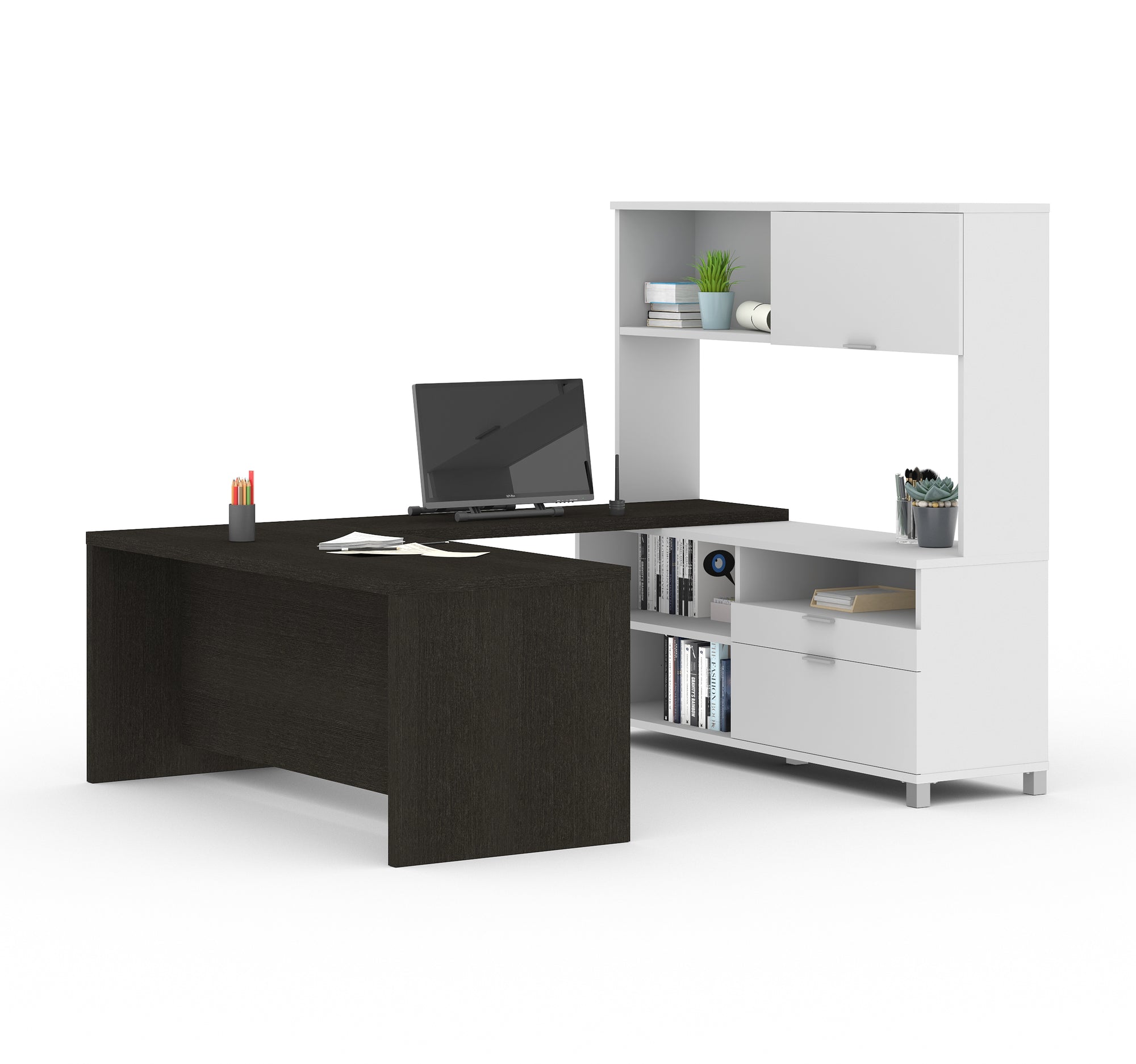 89 X 71 White Deep Gray U Shaped Desk Hutch By Bestar