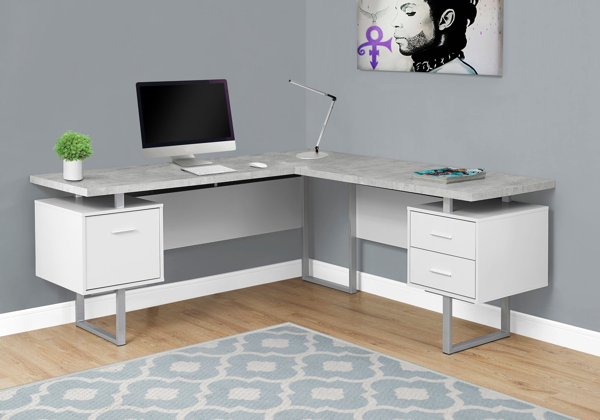 71" White & Cement Corner Desk with Drawers by Monarch