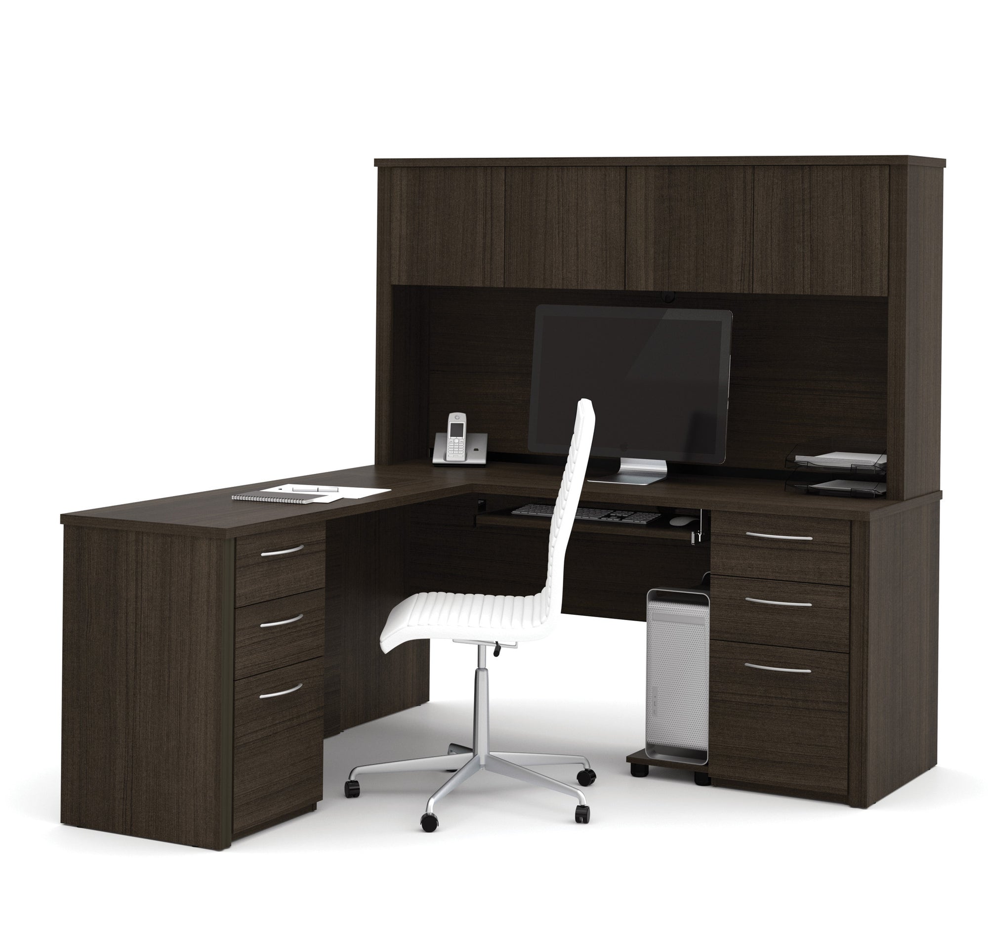 Premium Double Pedestal Lshaped Desk with Hutch in Dark Chocolate