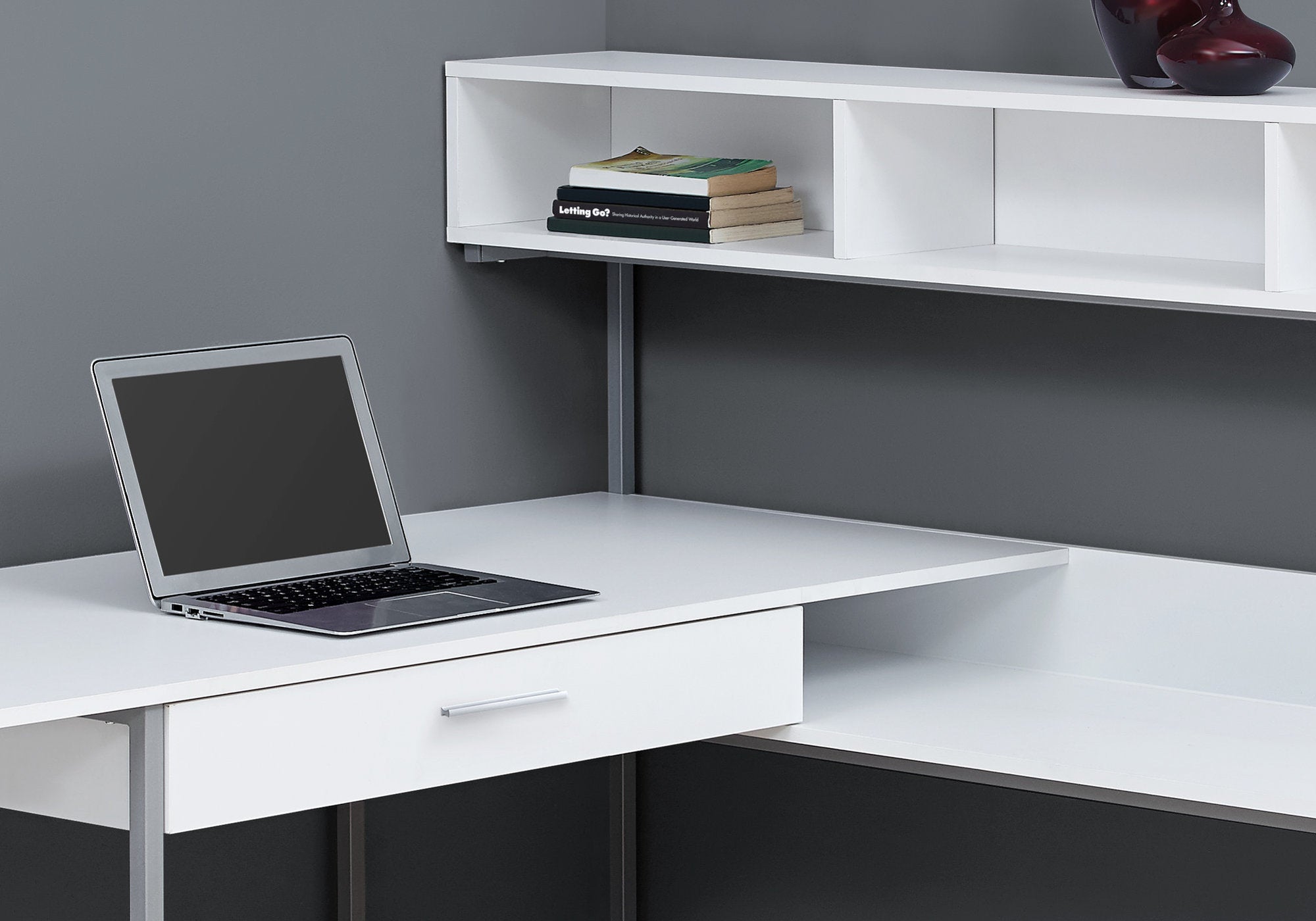 59 White L Shaped Corner Desk With Shelves By Monarch