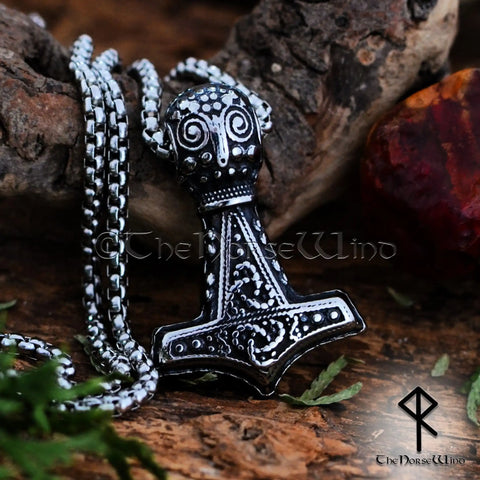 Viking Mjolnir Necklace, Norse Thor's Hammer Raven Head Pendant