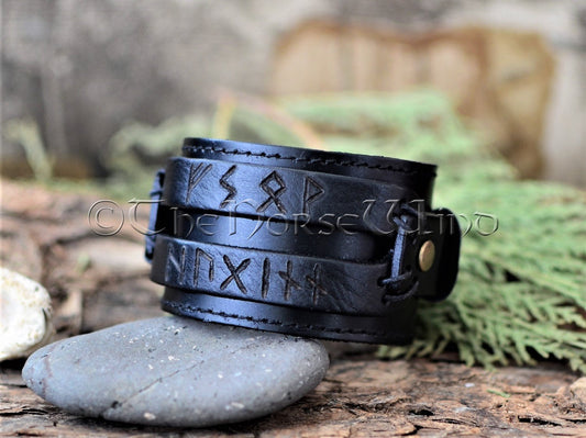 Personalized Viking Leather Bracelet, Name in Runes Norse Wristband -  Brown/Black