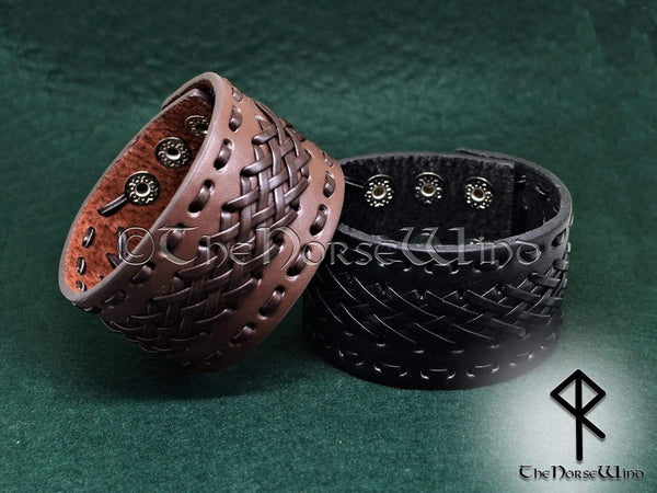 Black Leather Bracelet | Men's Viking Gothic Wristband - TheNorseWind