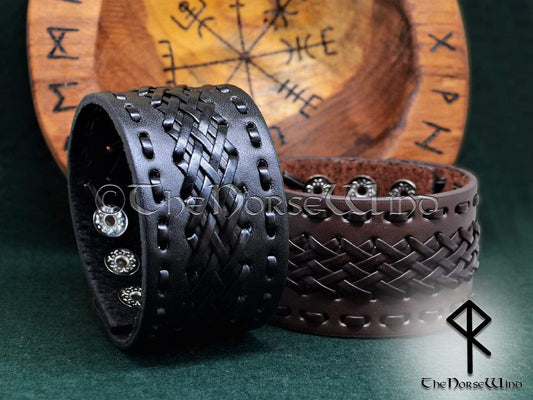 Personalized Viking Leather Bracelet, Name in Runes Norse Wristband -  Brown/Black