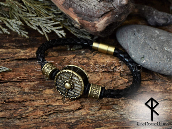 Viking Shield Bracelet Leather Wristband - Bronze TheNorseWind