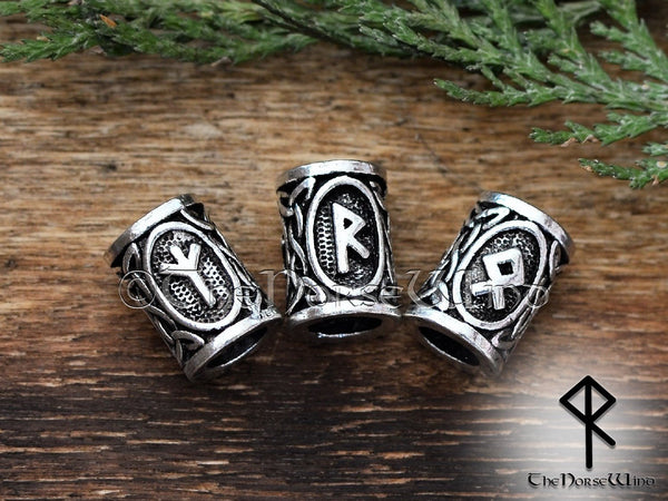 Viking Beard Beads Futhark Runes - Silver 6mm Hole TheNorseWind