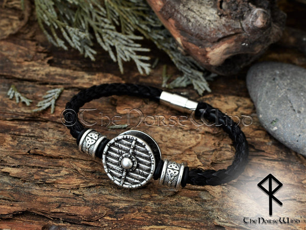 Viking Shield Bracelet Leather Wristband - Silver TheNorseWind