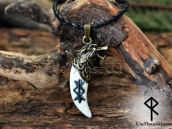 Viking Rune Necklace, Fenrir Wolf Head Carved Bone Pendant TheNorseWind