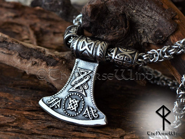 Thor Hammer Viking Axe Necklace - Steel Mjolnir Pendant TheNorseWind