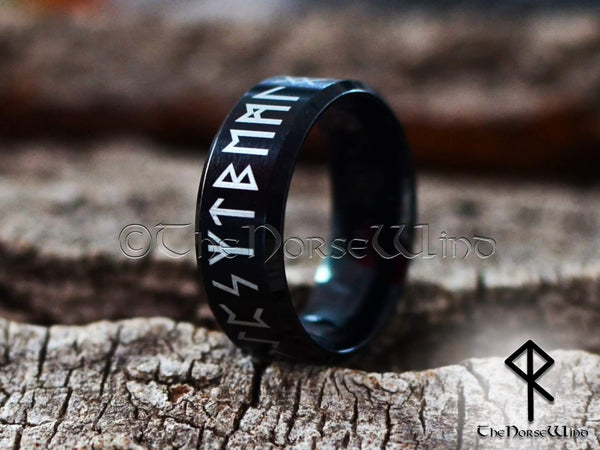 Viking Runes Ring - Black Stainless Steel Futhark Ring - TheNorseWind