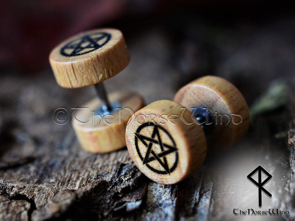 Pentagram Gauges Gothic Tunnel Earrings, Wiccan Pentacle Wooden Ear Plugs 10mm - TheNorseWind