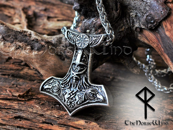 Thor's Hammer Viking Necklace, Mjolnir Pendant with Odin Ravens TheNorseWind