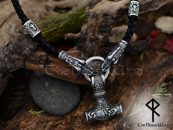 Personalized Thor's Hammer Mjolnir Necklace, Solid Viking Rune Dragon Heads Pendant TheNorseWind