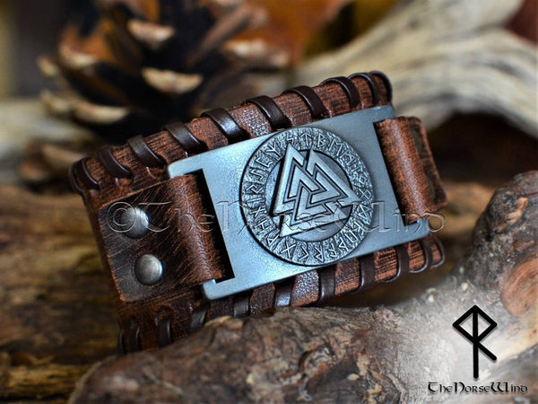 Hand-Made in Ukraine Valknut Black Leather Viking Bracelet - Gift for Men - Mens Leather Cuff Bracelets Wristbands - Viking Genuine Leather Punk LV