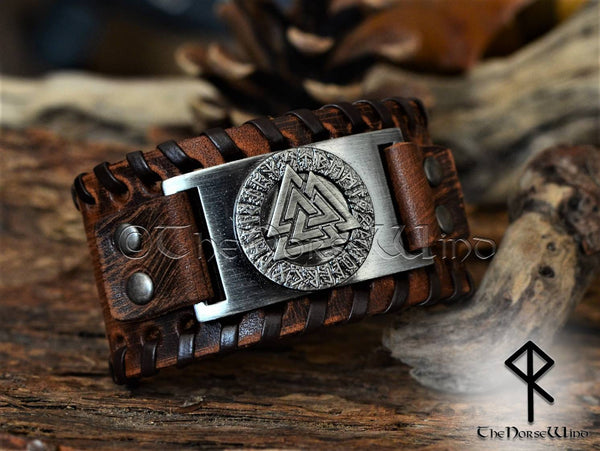  Hand-made in Ukraine Valknut Black Leather Viking Bracelet -  Gift for Men - Mens Leather Cuff Bracelets Wristbands - Viking Genuine  Leather Punk Lv Axe Сuffs Wristband - Size 6-7 inch