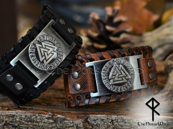 Hand-Made in Ukraine Valknut Black Leather Viking Bracelet - Gift for Men - Mens Leather Cuff Bracelets Wristbands - Viking Genuine Leather Punk LV