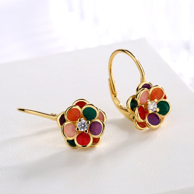 14K Gold and Genuine Crystal Floral Leverback Earrings