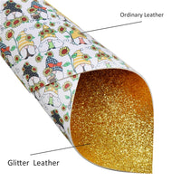 Gnomes & Sunflowers on Yellow Fine Glitter Double Sided Faux Leather Sheet
