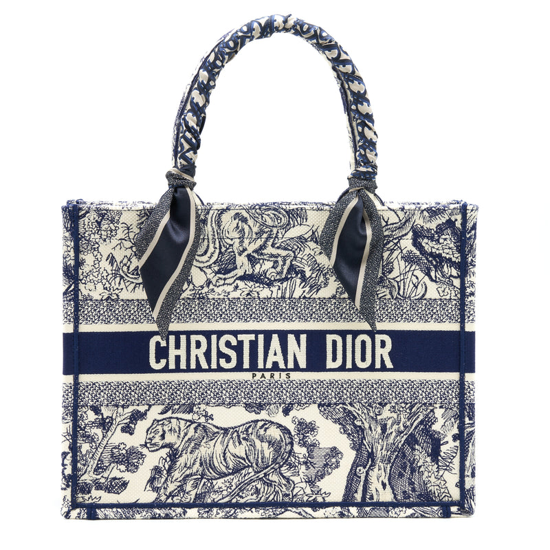 Dior Small Book Tote Toile De Jouy Navy With Silk Tilly Scarf