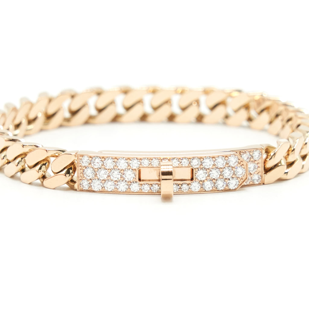 HERMES Kelly Gourmette Bracelet Size SH In Rose Gold With Diamonds