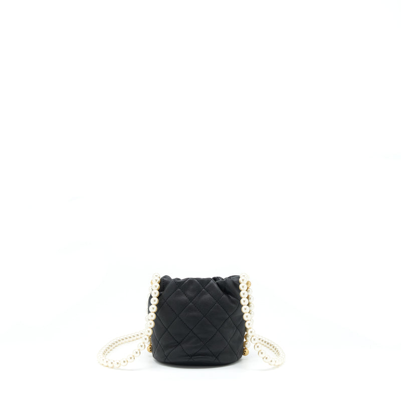 Chanel Mini Bucket Bag With Pearl Chain Lambskin Black GHW