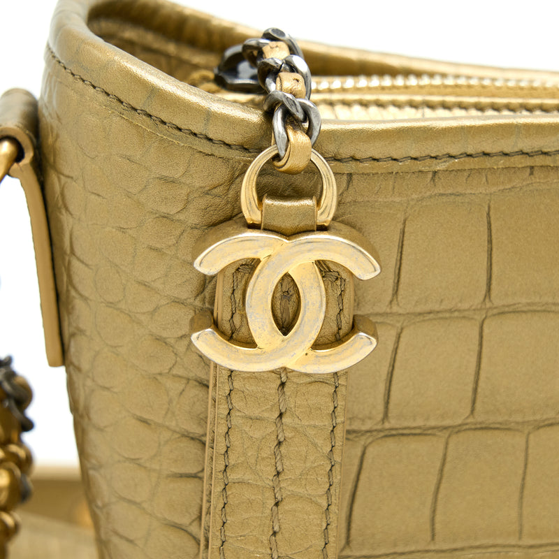 Chanel Small Gabrielle Hobo Bag Crocodile Embossed Calfskin Gold Multi