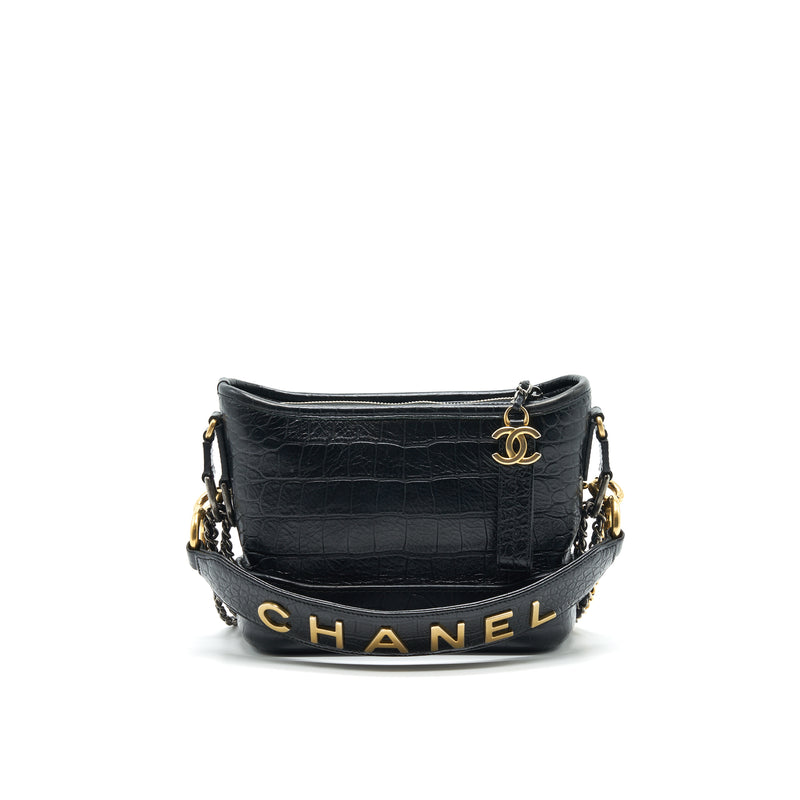 Chanel Small Gabrielle Hobo Bag With Handle CrocEmbossed Calfskin Bla