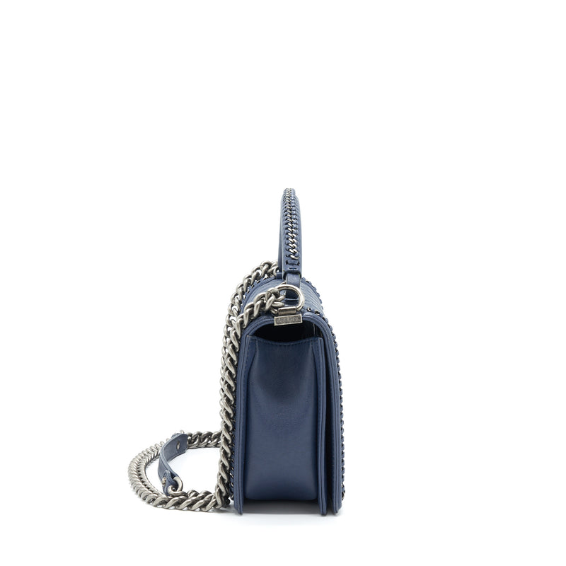 Chanel Navy Blue Cube Embossed Leather Medium Boy Bag Chanel  TLC