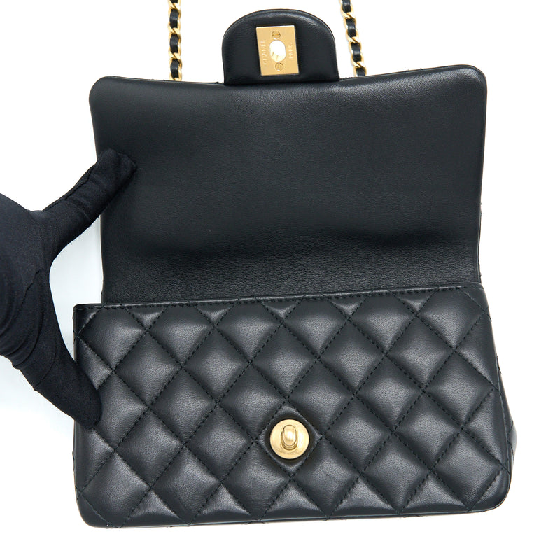 Chanel 21K Top Handle Mini Rectangular Flap Bag Lambskin Black Brushed