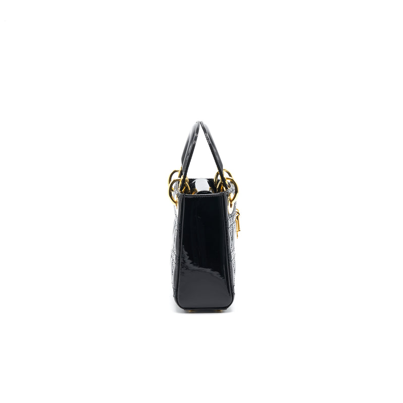 DIOR MINI LADY DIOR PATENT LEATHER BLACK WITH GOLD CHAIN