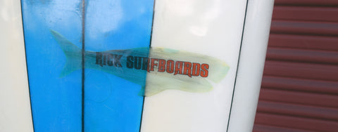 rick surfboards from 1970 with rare custom hand-painted logo