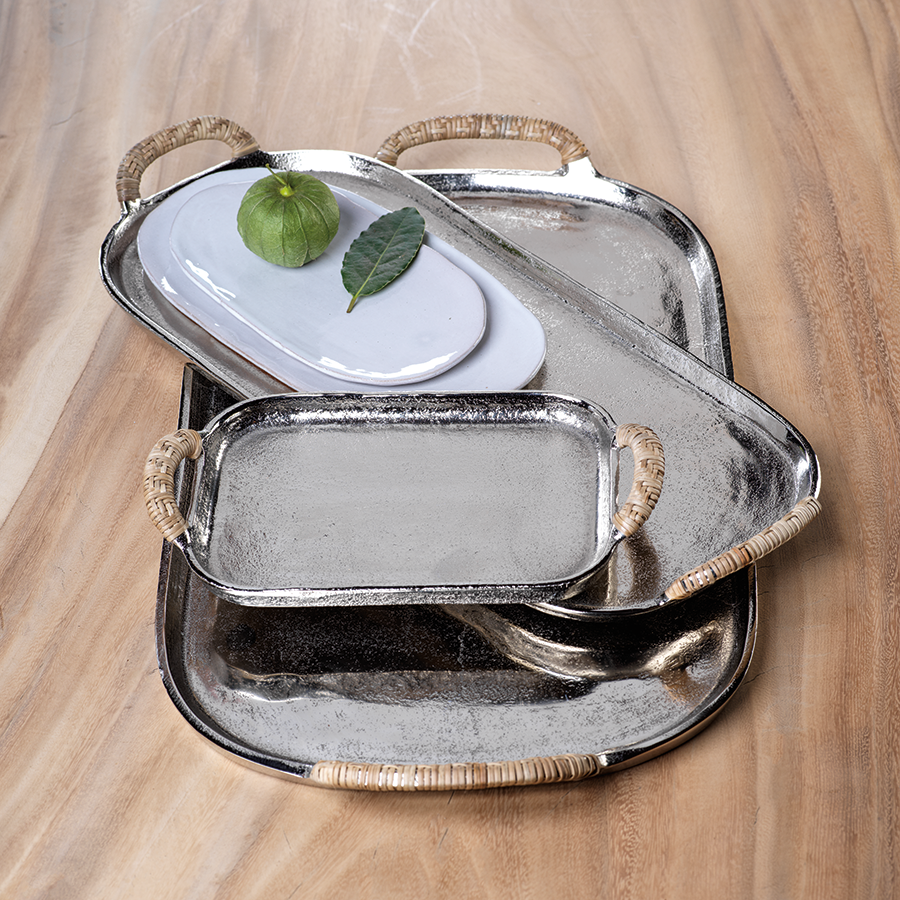 Mauritius Raw Aluminum Trays with Cane Wrapped Handles
