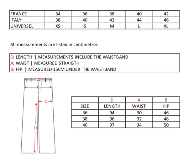 Tableau des tailles de pantalon VS20