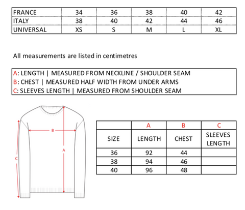 Tableau des tailles des robes pull VS24