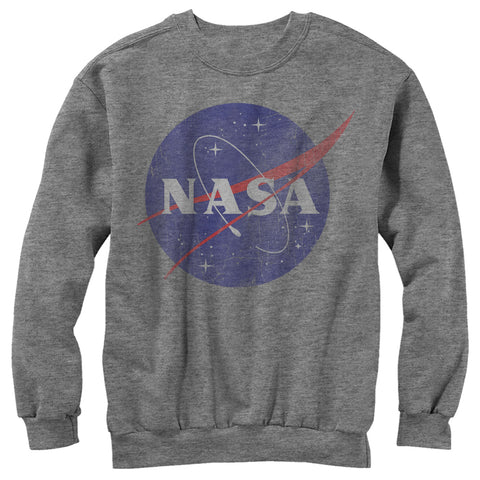 The gray sweatshirt features the official logo of NASA. The logo is distressed and located on the top center front of the sweatshirt.