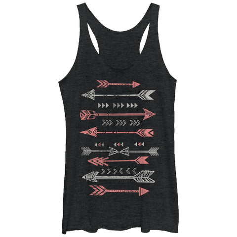 This classic black arrow tank top features nine tribal print arrows arranged horizontally, pointing east and west, and printed in distressed style.