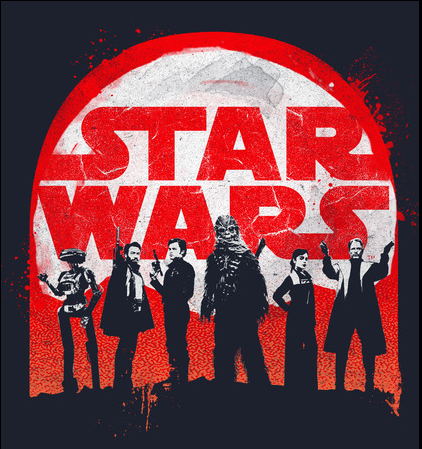 Chewie, Lando, Beckett, Qi'ra and more are printed in a watercolor style across the red Star Wars logo
