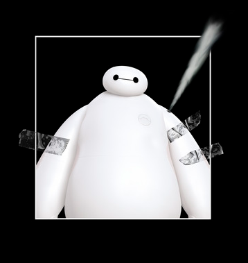 A taped image of Baymax with air escaping from his shoulder