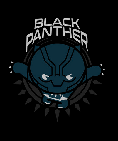 Black Panther is portrayed in a fun kawaii style underneath his name in white text