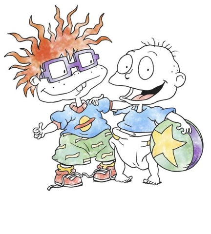 Painted in watercolor, Chuckie and Tommy happily has their arms around each other