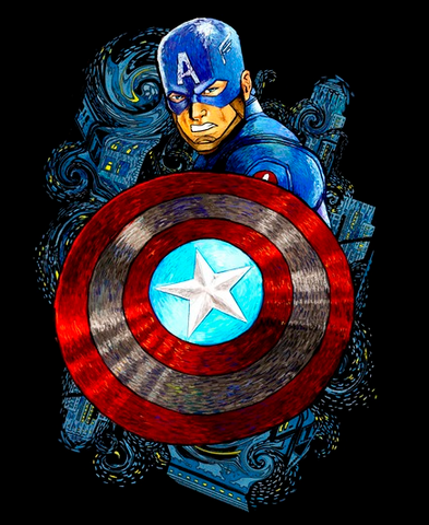 A brightly colored sketch of Captain America and his shield surrounded by Starry Night inspired swirls