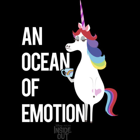 Rainbow hair unicorn standing up on right side. She is holding a mug with no emotions on her face. The text "an ocean of emotion" is bolded on the left