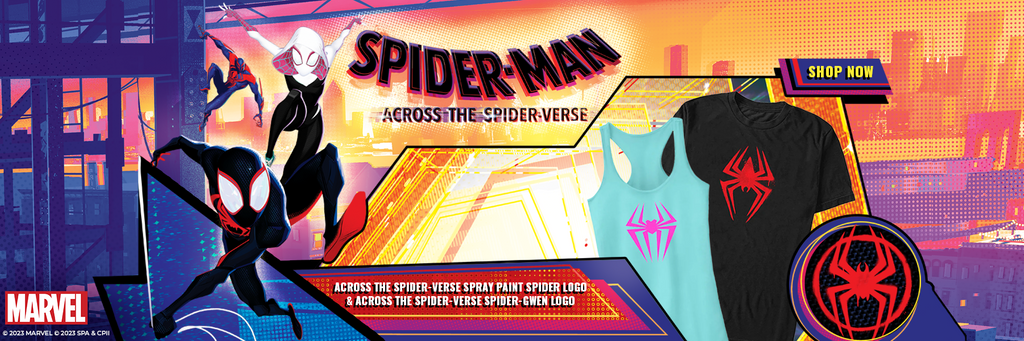 Spider-Man: Across the Spider-Verse. 2 tee mocks on colorful background with Miles Morales, Spider-Gwen, and more.
