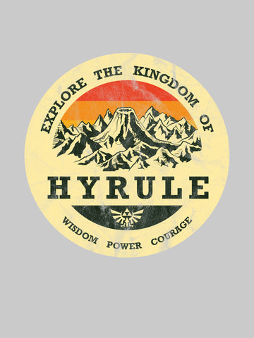 A retro Death Mountain is surrounded in circular text that says, "Explore The Kingdom of Hyrule. Wisdom. Power. Courage"